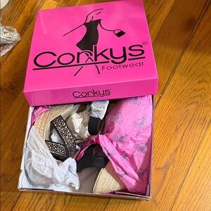 Corkys Black and Natural Espadrille Wedge Sandals with Studded Straps